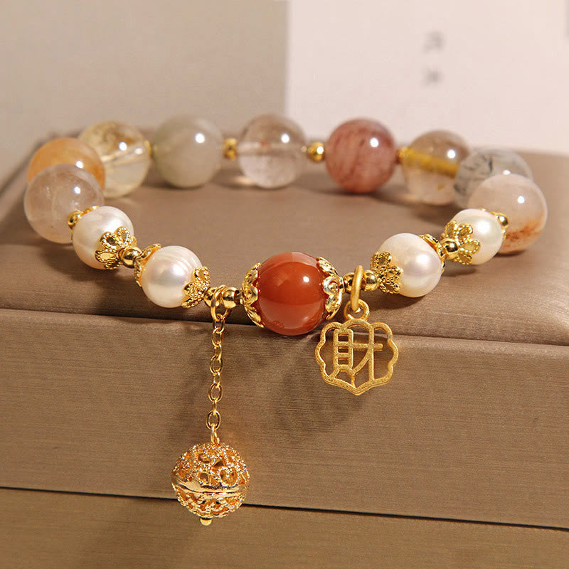 Buddhist Blessing Natural Rutilated Quartz Pearl Attract Fortune Wealth Bracelet