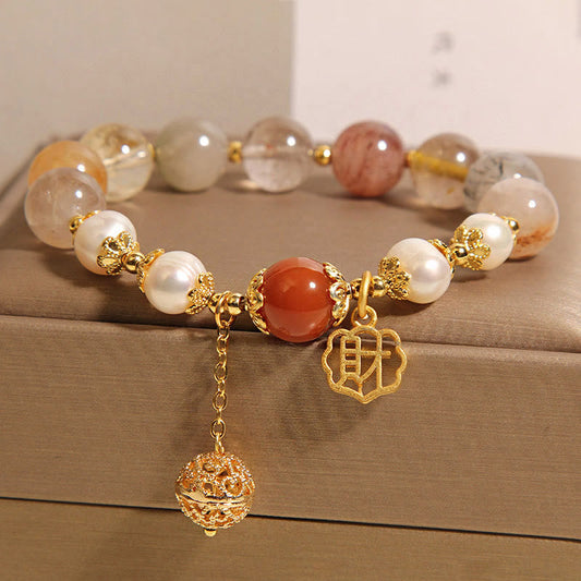 Buddhist Blessing Natural Rutilated Quartz Pearl Attract Fortune Wealth Bracelet