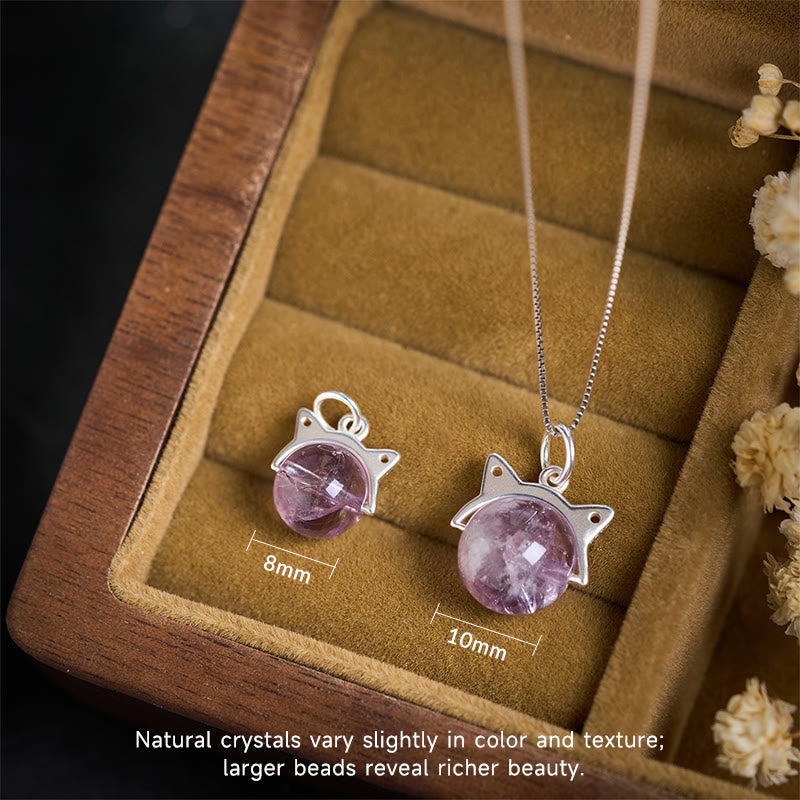 Buddhist Blessing 925 Sterling Silver Natural Rainbow Amethyst Cat Positive Necklace Pendant