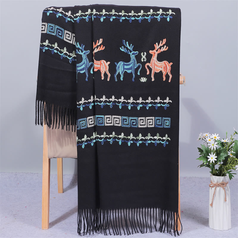 Buddhist Blessing Rayon Fabric Shawl Sika Deer Embroidery Tassel Winter Cozy Travel Scarf Wrap