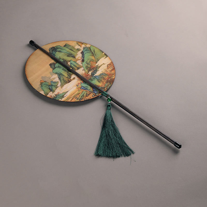 Buddhist Blessing Handmade Bamboo Thousand Miles of Rivers and Mountains Long Handle Portable Curlable Fan