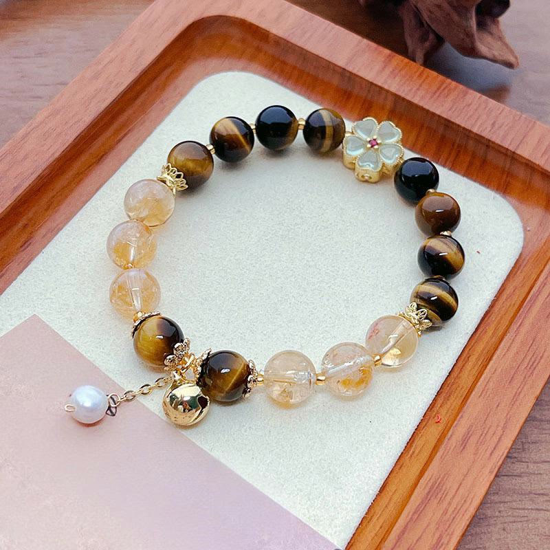 Buddhist Blessing Natural Tiger Eye Citrine Beads Flower Bell Courage Bracelet