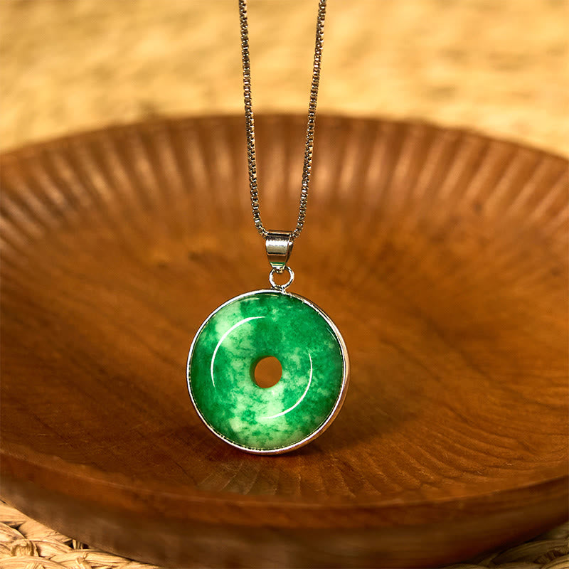 Buddhist Blessing Natural Cyan Jade Peace Buckle Healing Luck Necklace Pendant