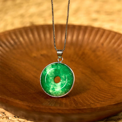 Buddhist Blessing Natural Cyan Jade Peace Buckle Healing Luck Necklace Pendant