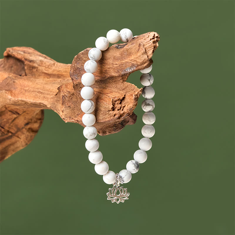Buddhist Blessing 925 Sterling Silver Lotus Design Natural White Turquoise Wealth Bracelet