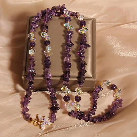 Buddhist Blessing Butterfly Flower Amethyst Strawberry Quartz Balance Necklace Pendant