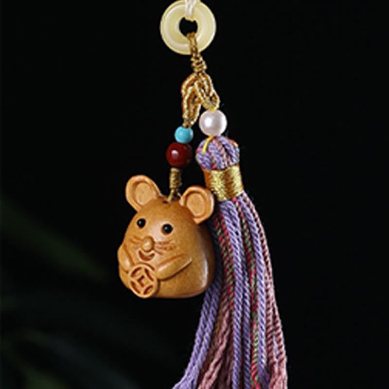 Buddhist Blessing Sandalwood 12 Chinese Zodiac Blessing Colorful Tassel Accessories Keychain