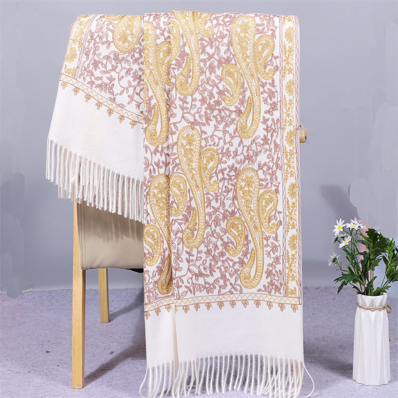 Buddhist Blessing Rayon Fabric Shawl Golden Cashew Flowers Embroidery Tassel Winter Cozy Travel Scarf Wrap