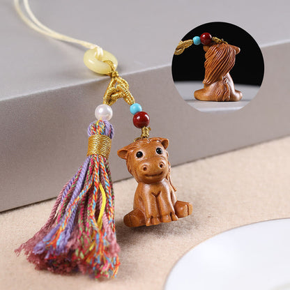 Buddhist Blessing Sandalwood 12 Chinese Zodiac Blessing Colorful Tassel Accessories Keychain