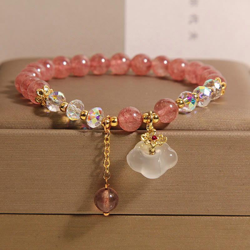 Buddhist Blessing Auspicious Clouds Strawberry Quartz White Agate White Crystal Positive Bracelet