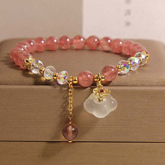 Buddhist Blessing Auspicious Clouds Strawberry Quartz White Agate White Crystal Positive Bracelet
