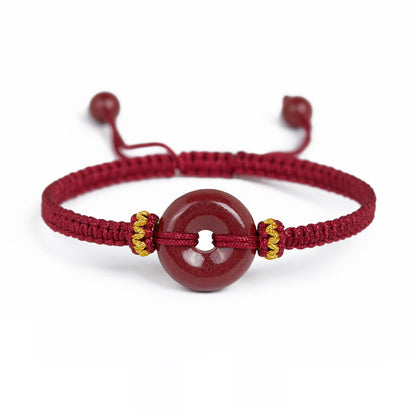Buddhist Blessing Handmade Cinnabar Round Peace Buckle Concentration Braided Bracelet