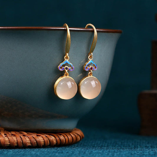 Buddhist Blessing 925 Sterling Silver Posts Natural Chalcedony Gold-plated Harmony Earrings