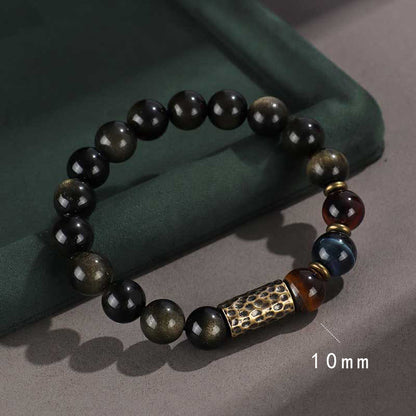 Buddhist Blessing 925 Sterling Silver Black Onyx Gold Sheen Obsidian Lava Rock Tiger Eye Six True Words Wealth Protection Bracelet