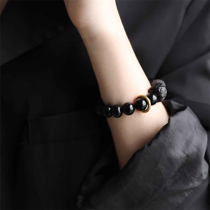 Buddhist Blessing Black Obsidian Silver Sheen Obsidian Lion Strength Bracelet