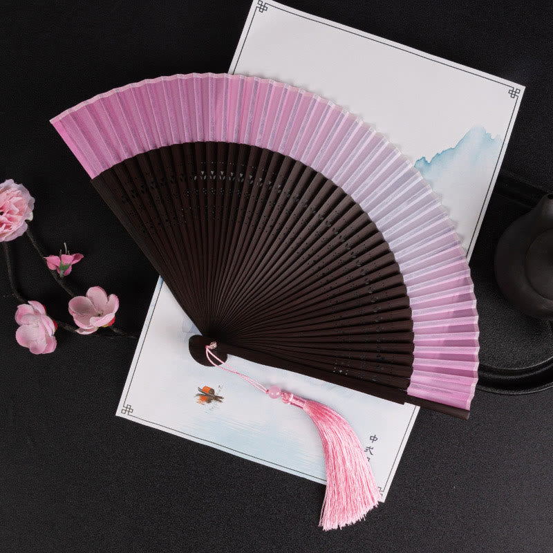 Buddhist Blessing Cranes Auspicious Clouds Solid Color Gradient Handheld Cotton Linen Fabric Bamboo Folding Fan
