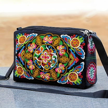 Buddhist Blessing Galsang Inula Flower Peony Peacock Double-Sided Embroidery Canvas Shopping Purse Handbag Crossbody Bag