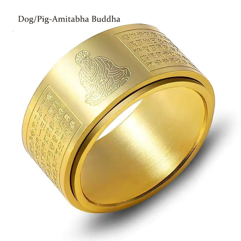 Buddhist Blessing Chinese Zodiac Natal Buddhist Blessing Heart Sutra Carved Titanium Steel Calm Rotatable Ring