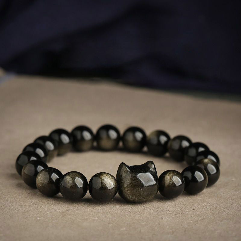 Buddhist Blessing Gold Sheen Obsidian Silver Sheen Obsidian Lovely Paw Lucky Cat Protection Bracelet