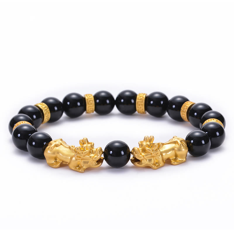 Buddhist Blessing Black Obsidian Black Onyx Golden Alloy Two PiXiu Om Mani Padme Hum Strength Bracelet