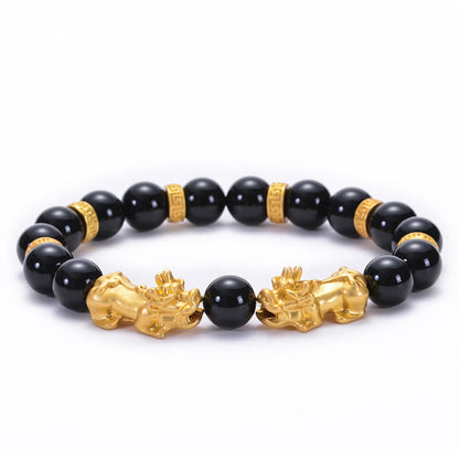 Buddhist Blessing Black Obsidian Black Onyx Golden Alloy Two PiXiu Om Mani Padme Hum Strength Bracelet