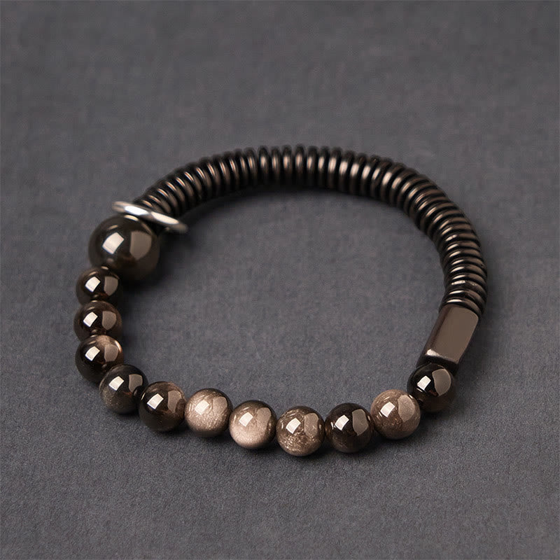 Buddhist Blessing Silver Sheen Obsidian Coconut Shell Protection Bracelet