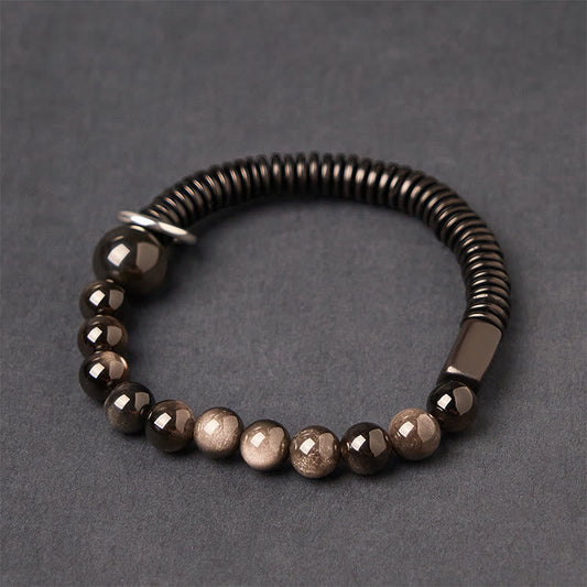 Buddhist Blessing Silver Sheen Obsidian Coconut Shell Protection Bracelet