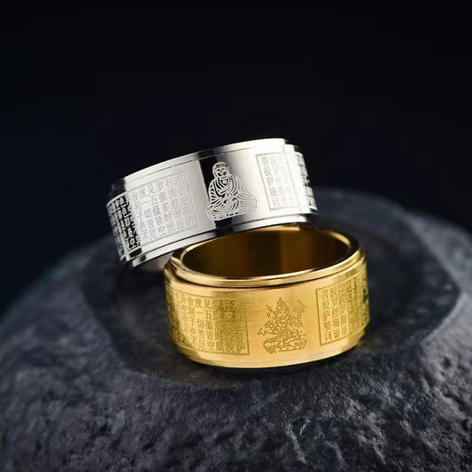 Buddhist Blessing Chinese Zodiac Natal Buddhist Blessing Heart Sutra Carved Titanium Steel Calm Rotatable Ring