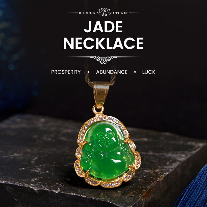 Buddhist Blessing 18K Gold Filled Laughing Buddhist Blessing Jade Luck Necklace Chain Pendant
