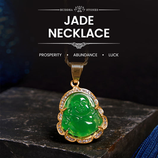 Buddhist Blessing 18K Gold Filled Laughing Buddhist Blessing Jade Luck Necklace Chain Pendant