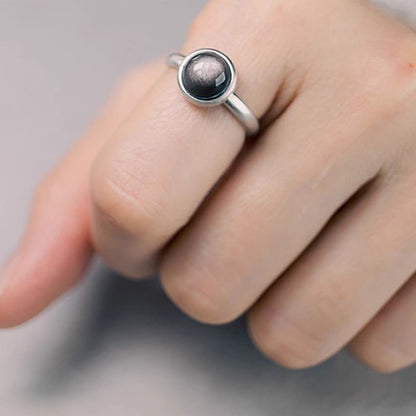 Buddhist Blessing Natural 925 Sterling Silver Silver Sheen Obsidian Adjustable Protection Ring