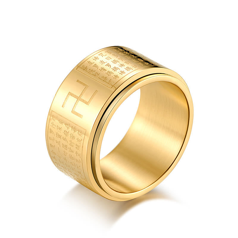Buddhist Blessing Heart Sutra Swastika Titanium Steel Luck Rotatable Ring