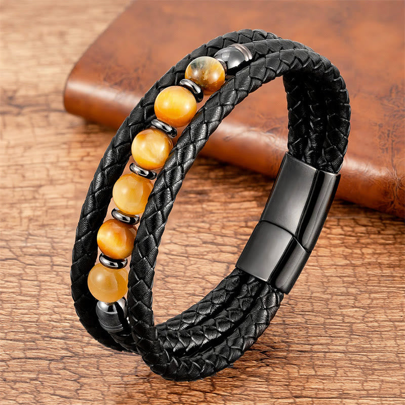 Buddhist Blessing Tiger Eye Lava Rock Hematite Black Onyx Bead Positive Leather Bracelet