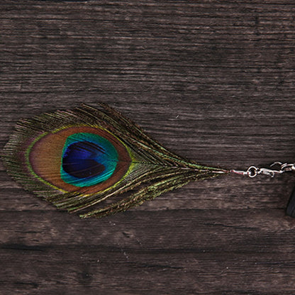 Buddhist Blessing Peacock Feather Handheld Bamboo Folding Fan 21.5cm