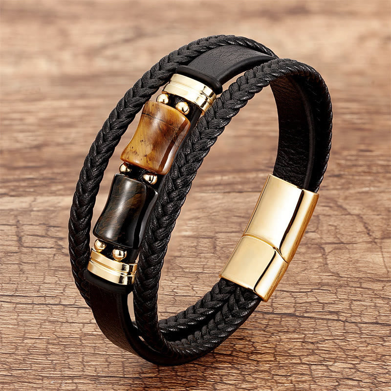 Buddhist Blessing Tiger Eye Bamboo Stone Integrity Courage Multi-layer Leather Bracelet