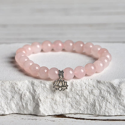 Buddhist Blessing 925 Sterling Silver Lotus Design Natural Pink Crystal Soothing Bracelet