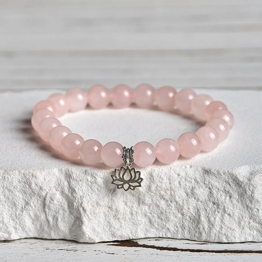 Buddhist Blessing 925 Sterling Silver Lotus Design Natural Pink Crystal Soothing Bracelet
