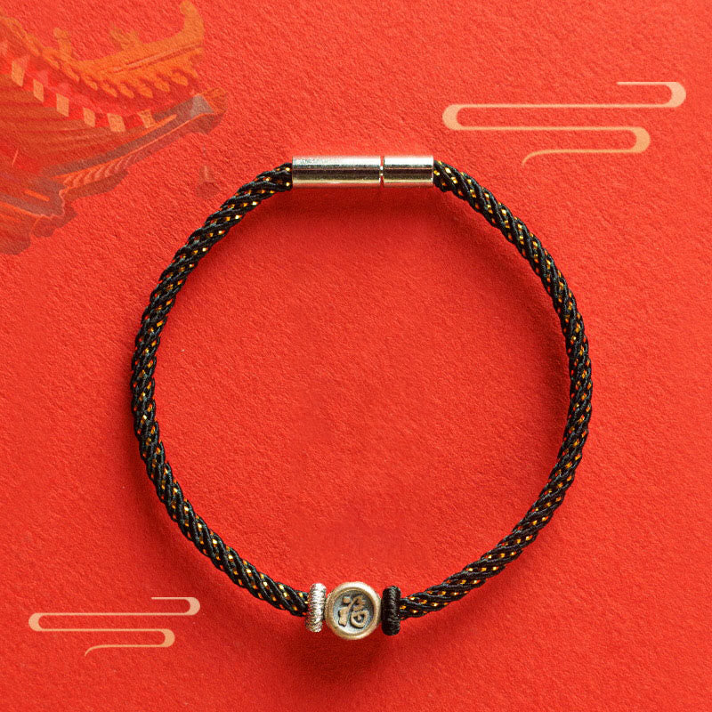 Buddhist Blessing Braided String 925 Sterling Silver Fu Character Faith Bracelet