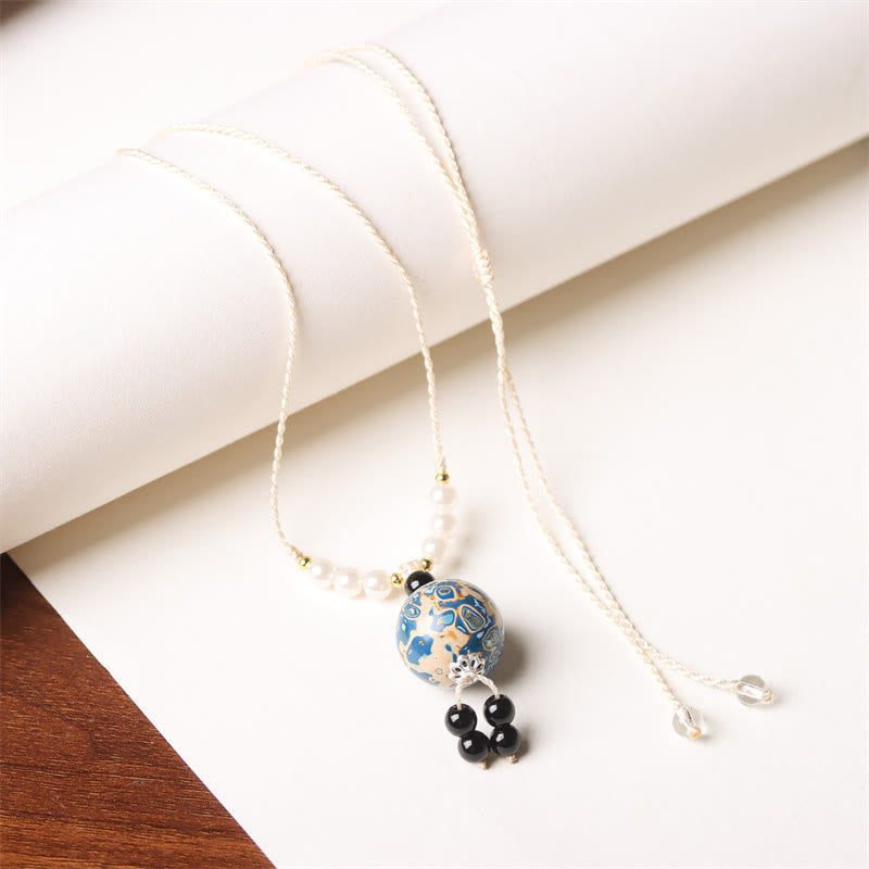 Buddhist Blessing Ebony Wood Aurora Lacquer Craft Bead Pearl Balance Necklace Pendant