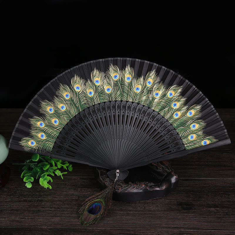 Buddhist Blessing Peacock Feather Handheld Bamboo Folding Fan 21.5cm