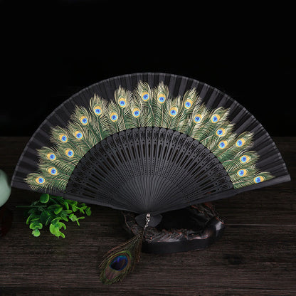 Buddhist Blessing Peacock Feather Handheld Bamboo Folding Fan 21.5cm