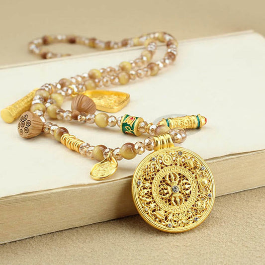 Buddhist Blessing Tibetan Lotus Round Plate Golden Tiger Eye Beads Necklace Pendant