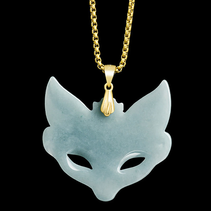 Buddhist Blessing Fox Mask Jade Titanium Steel Necklace Luck Pendant