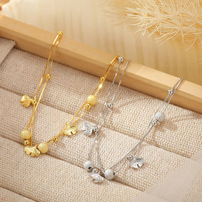 Buddhist Blessing 925 Sterling Silver Ginkgo Leaf Double Layer Protection Anklet