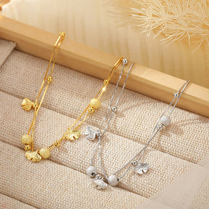 Buddhist Blessing 925 Sterling Silver Ginkgo Leaf Double Layer Protection Anklet