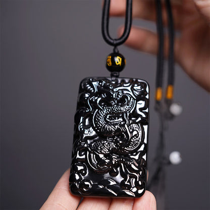 Buddhist Blessing Natural Black Obsidian Rectangular Dragon Engraved Success Necklace Pendant