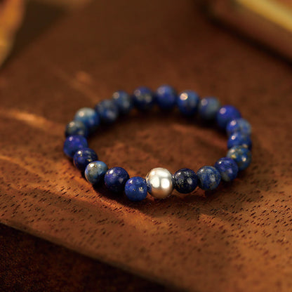 Buddhist Blessing 925 Sterling Silver Crystal Beads White Jade Black Onyx Blessing Elastic Ring