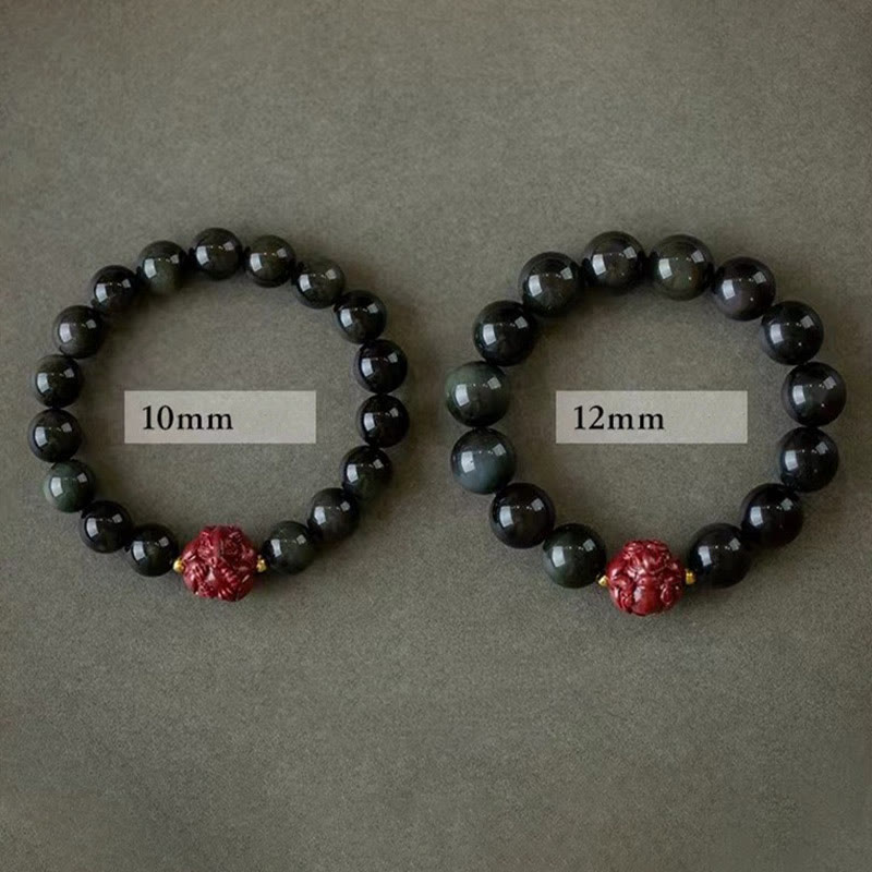Buddhist Blessing Chinese Zodiac Natural Black Obsidian Cinnabar Purification Bracelet