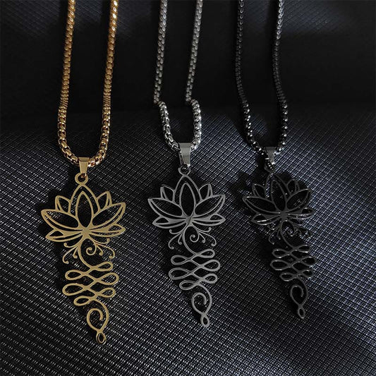 Buddhist Blessing Lotus Vines Design Chakra Symbol Stainless Steel Enlightenment Necklace Pendant