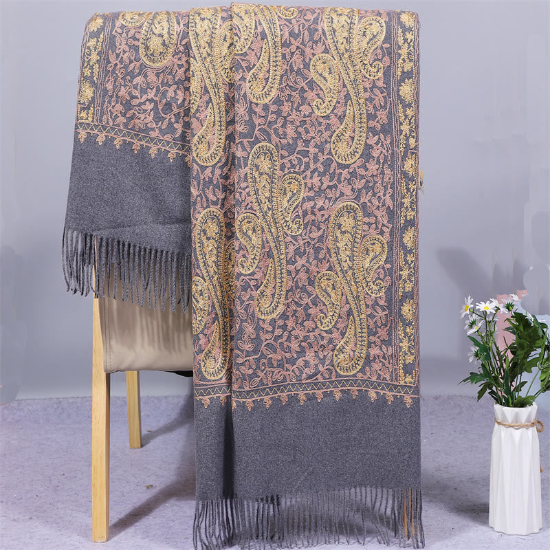 Buddhist Blessing Rayon Fabric Shawl Golden Cashew Flowers Embroidery Tassel Winter Cozy Travel Scarf Wrap